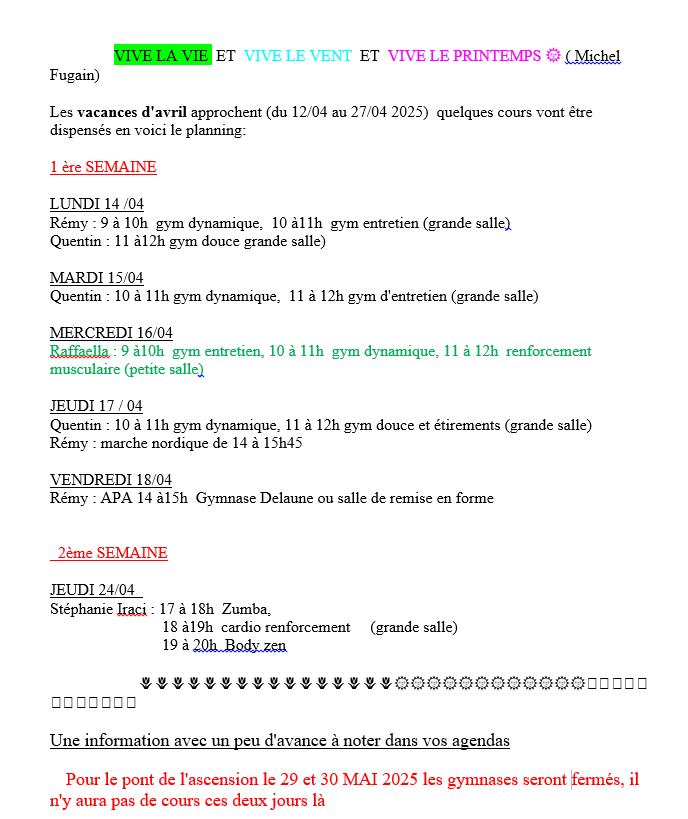 Chagement dans le planning des vacances de printemps