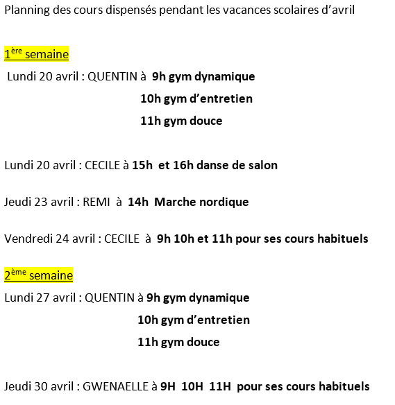 Cours vacances printemps