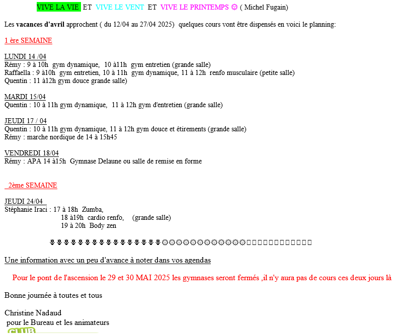 Planning vacances avril 2025